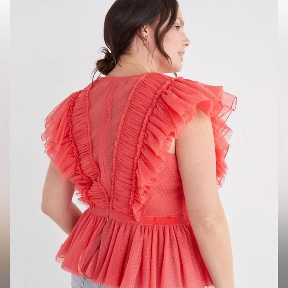 Anthropologie Geisha Designs Ruffled Ruched Tulle Blouse Pink 1X - Picture 2 of 6